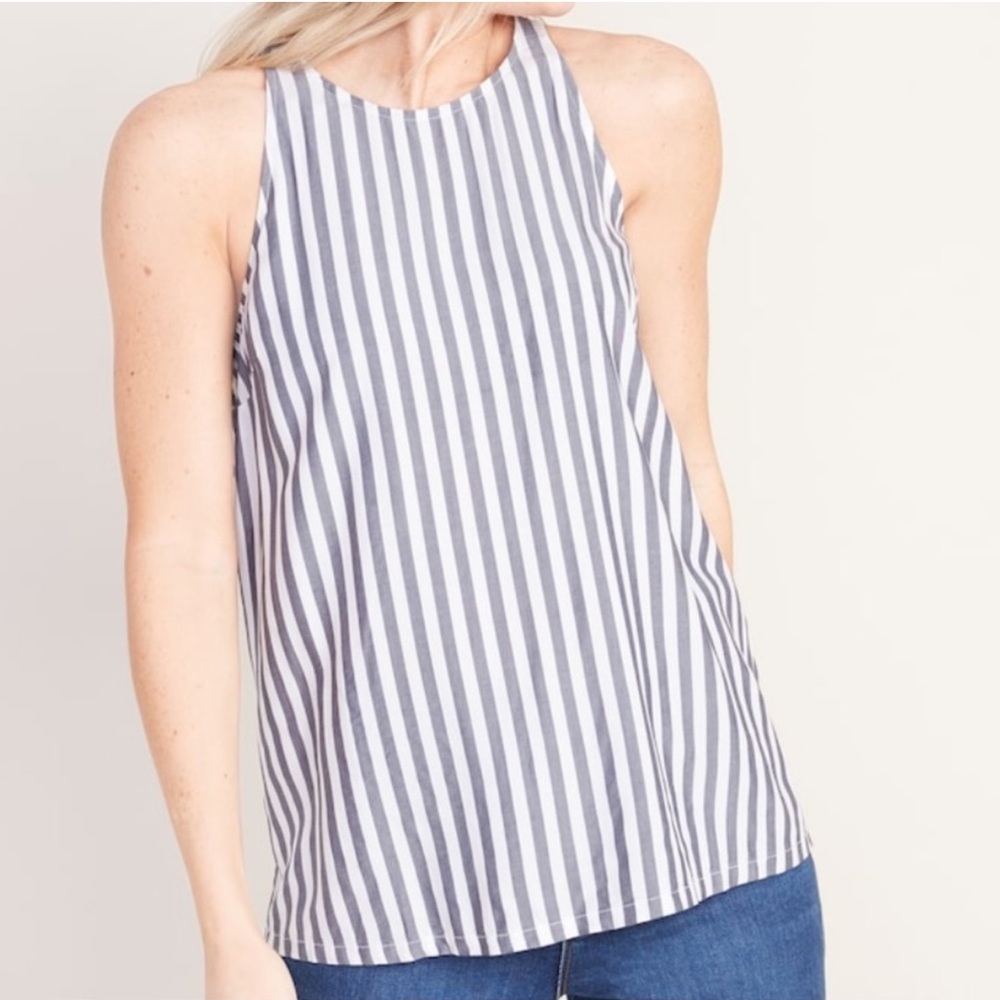 Old Navy Sleeveless Striped High-Neck Top Tank Blue/Gray & White Nautical Summer